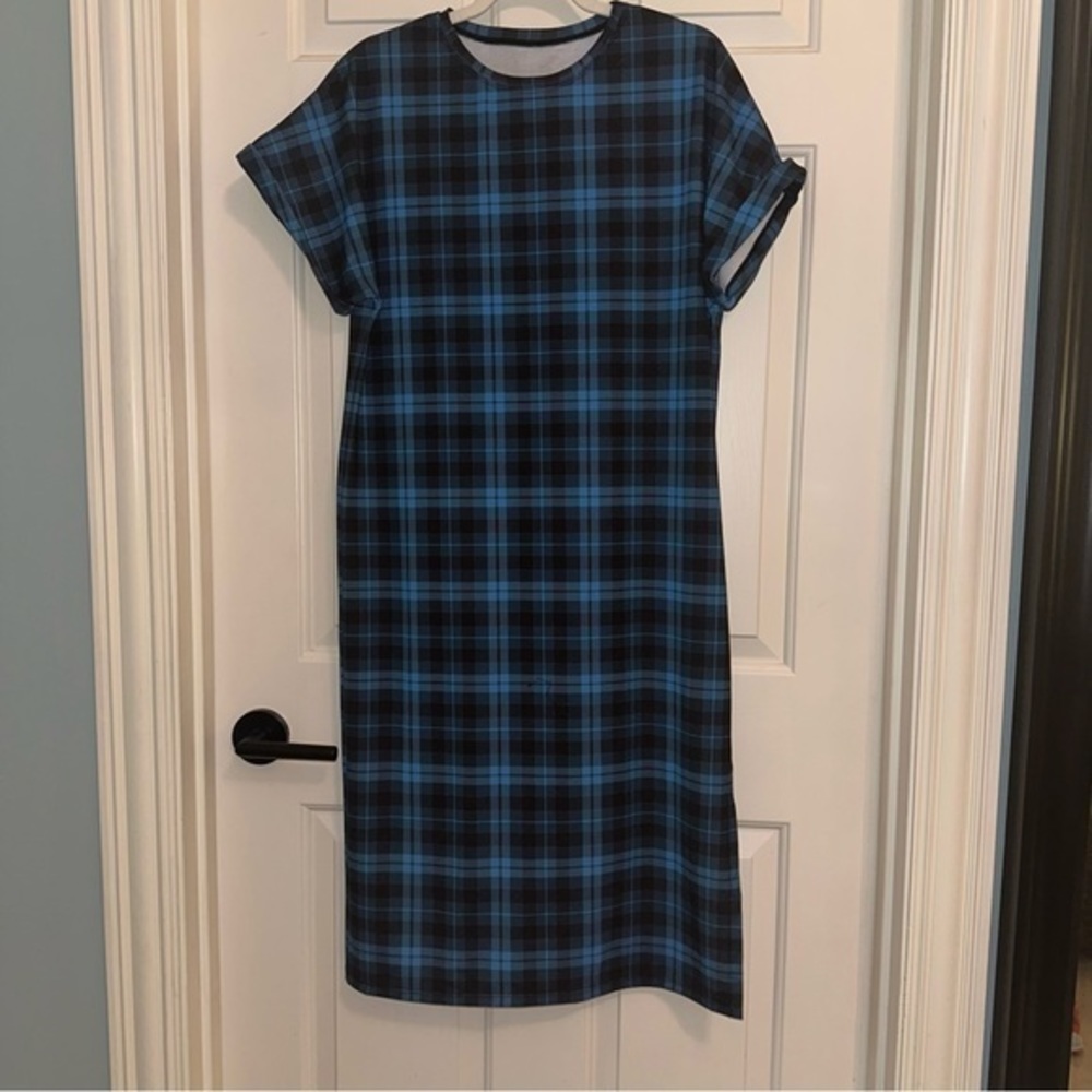 Tartan Grunge Blue Slouched midi Tee dress